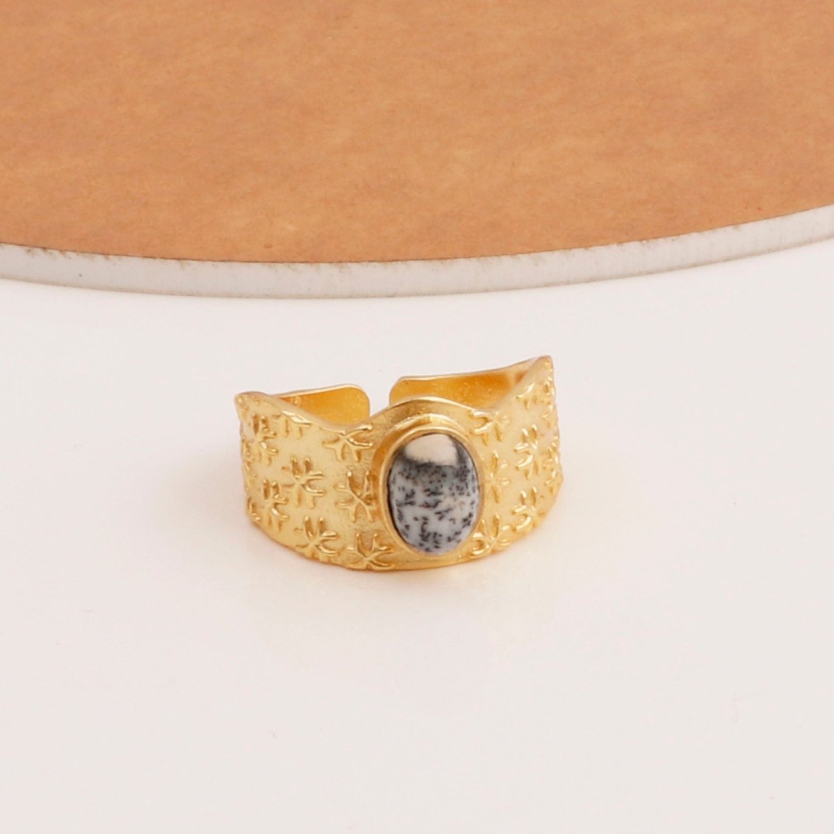 Amazonite Gemstone Textured Star Design Gold Plated Adjustable Ring