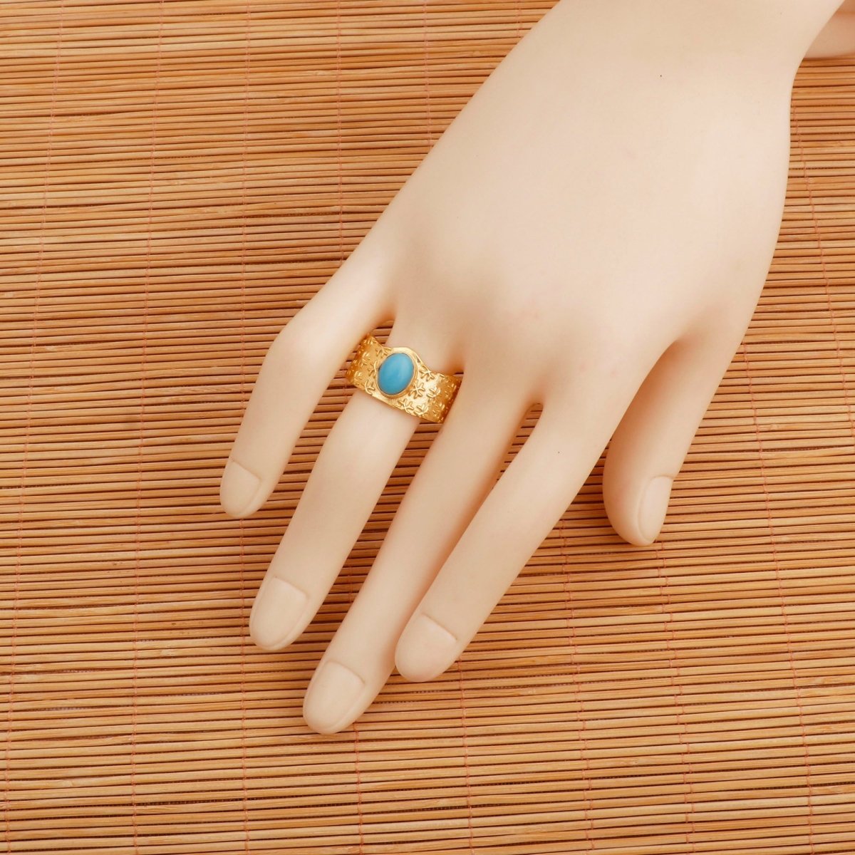 Amazonite Gemstone Textured Star Design Gold Plated Adjustable Ring