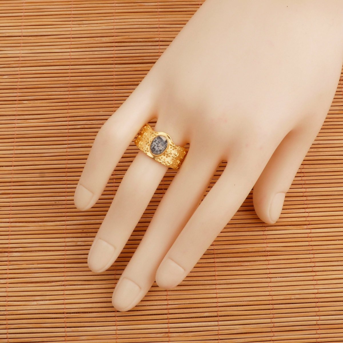 Amazonite Gemstone Textured Star Design Gold Plated Adjustable Ring
