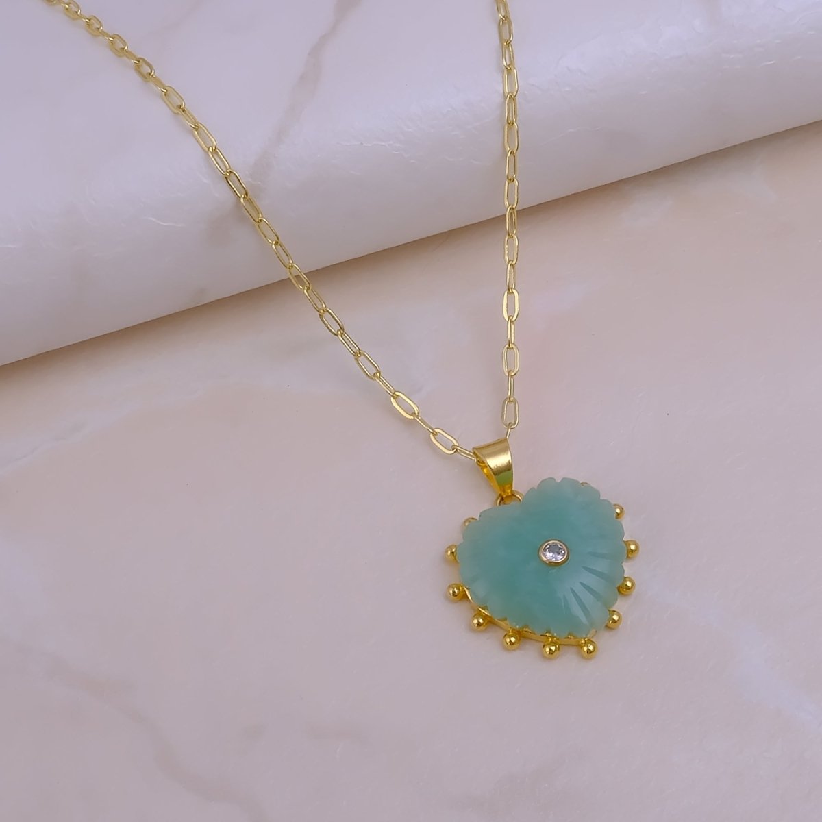 Amazonite Heart Carved Pendant Necklace, Gold Plated Hand Carved Jewelry 5286