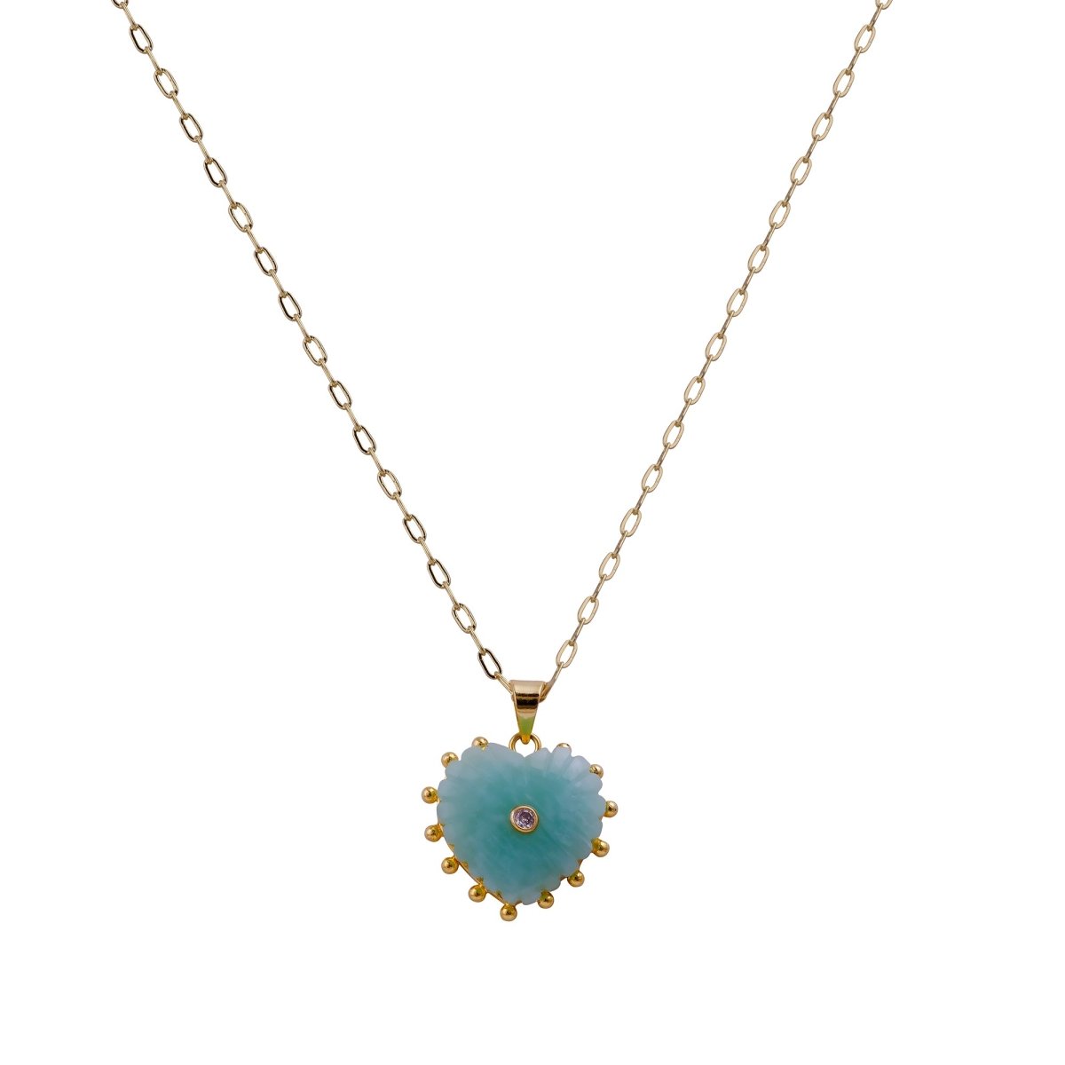 Amazonite Heart Carved Pendant Necklace, Gold Plated Hand Carved Jewelry 5286