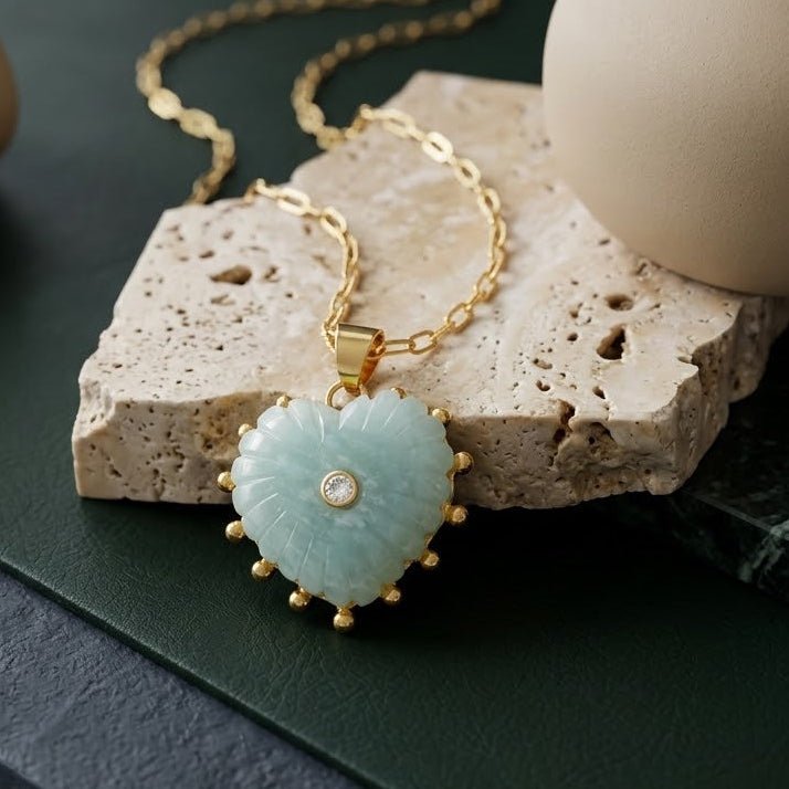 Amazonite Heart Carved Pendant Necklace, Gold Plated Hand Carved Jewelry 5286