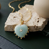 Amazonite Heart Carved Pendant Necklace, Gold Plated Hand Carved Jewelry 5286