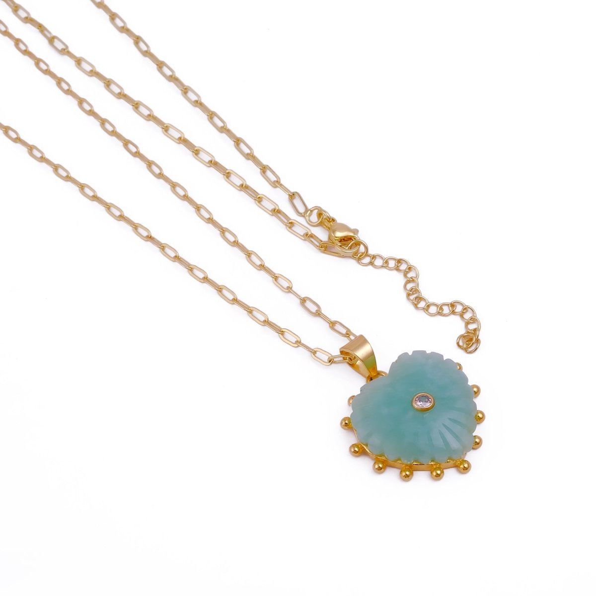 Amazonite Heart Carved Pendant Necklace, Gold Plated Hand Carved Jewelry 5286