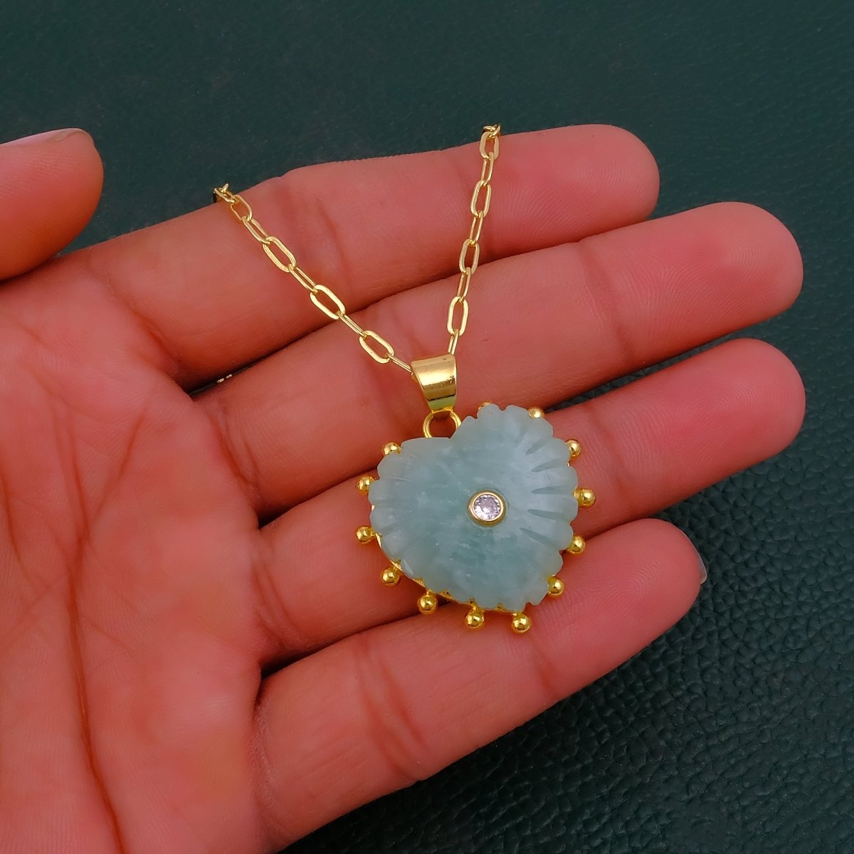 Amazonite Heart Carved Pendant Necklace, Gold Plated Hand Carved Jewelry 5286