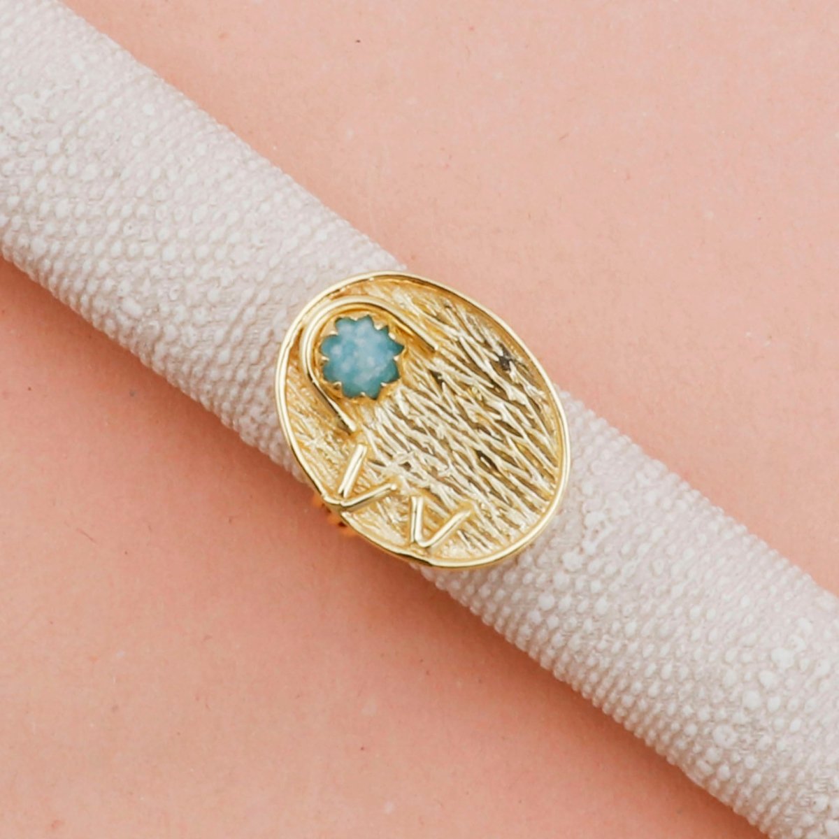 Amazonite Ring, Textured Flat Gold Disk Ring, Gemstone Ring, Gold Plated Crown Set Rings
