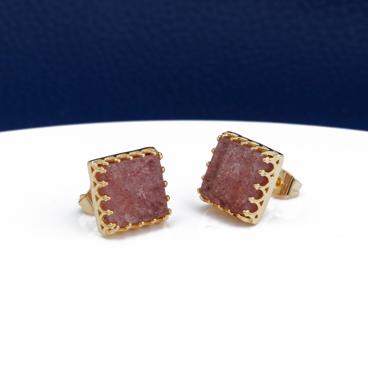 Amazonite Stones Stud Earring Gold Plated Square Shape Handmade Statement Earring Strawberry Quartz