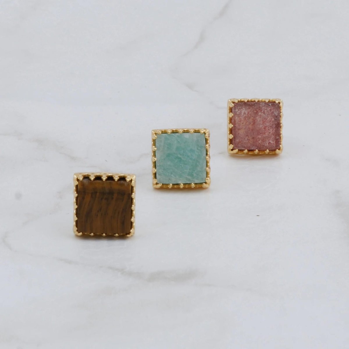 Amazonite Stones Stud Earring Gold Plated Square Shape Handmade Statement Earring