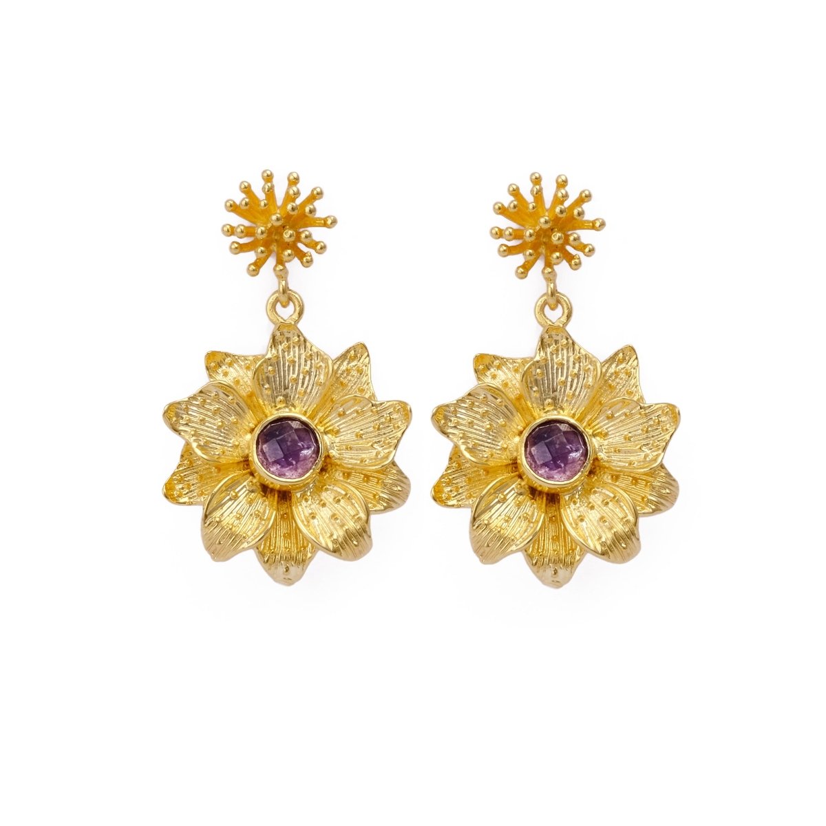 Amethyst Flower Dangle Earrings, Faceted Gemstone Daisy Stud Jewelry, Handmade Jewelery. S
