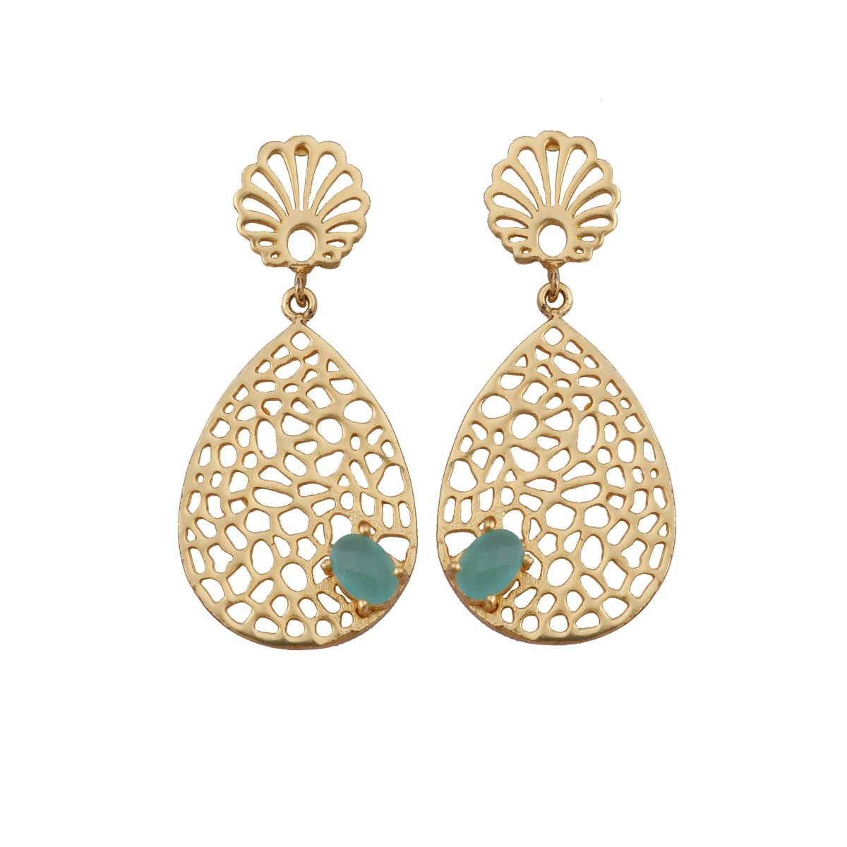 Aqua Chalcedony Gemstone Earring Filigree Gold Plated Handmade Flower Design Stud