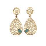 Aqua Chalcedony Gemstone Earring Filigree Gold Plated Handmade Flower Design Stud