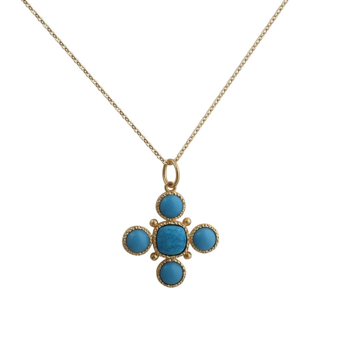 Artisanal Blue Turquoise Cross Pendant Necklace, Gold Plated Birthstone Jewelry 5388