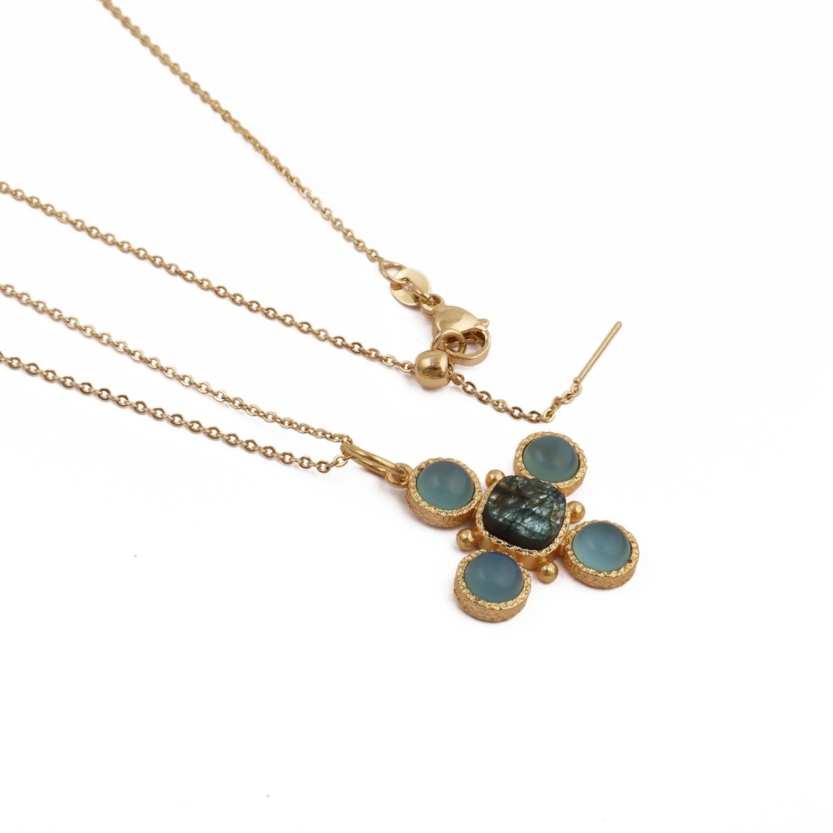 Artisanal Blue Turquoise Cross Pendant Necklace, Gold Plated Birthstone Jewelry 5388