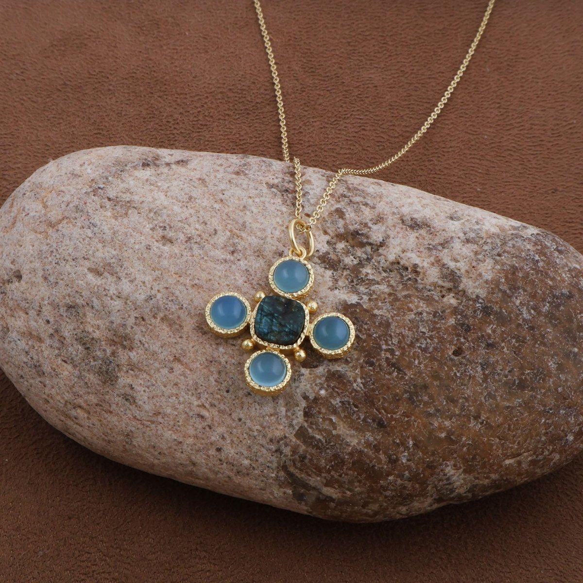 Artisanal Blue Turquoise Cross Pendant Necklace, Gold Plated Birthstone Jewelry 5388