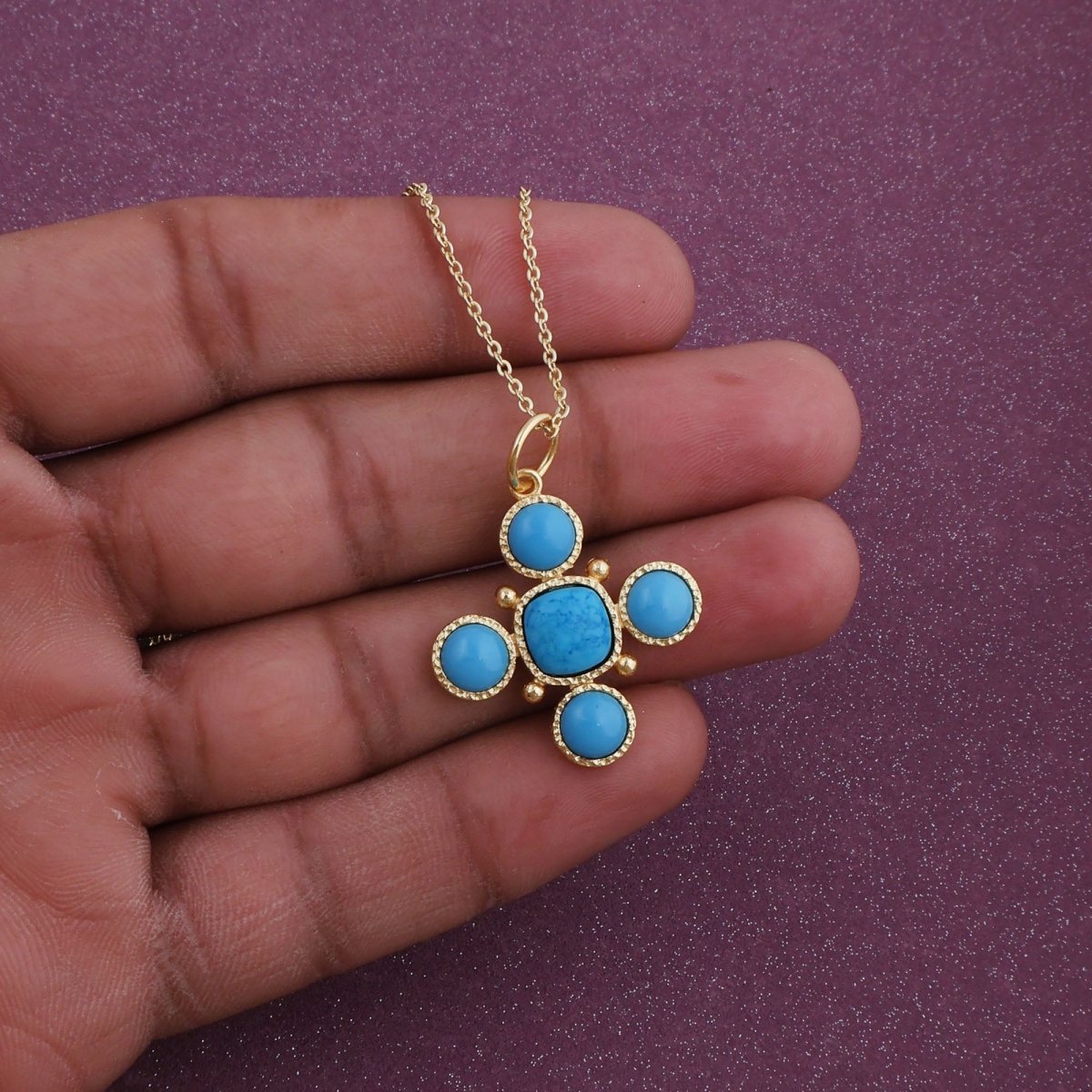 Artisanal Blue Turquoise Cross Pendant Necklace, Gold Plated Birthstone Jewelry 5388