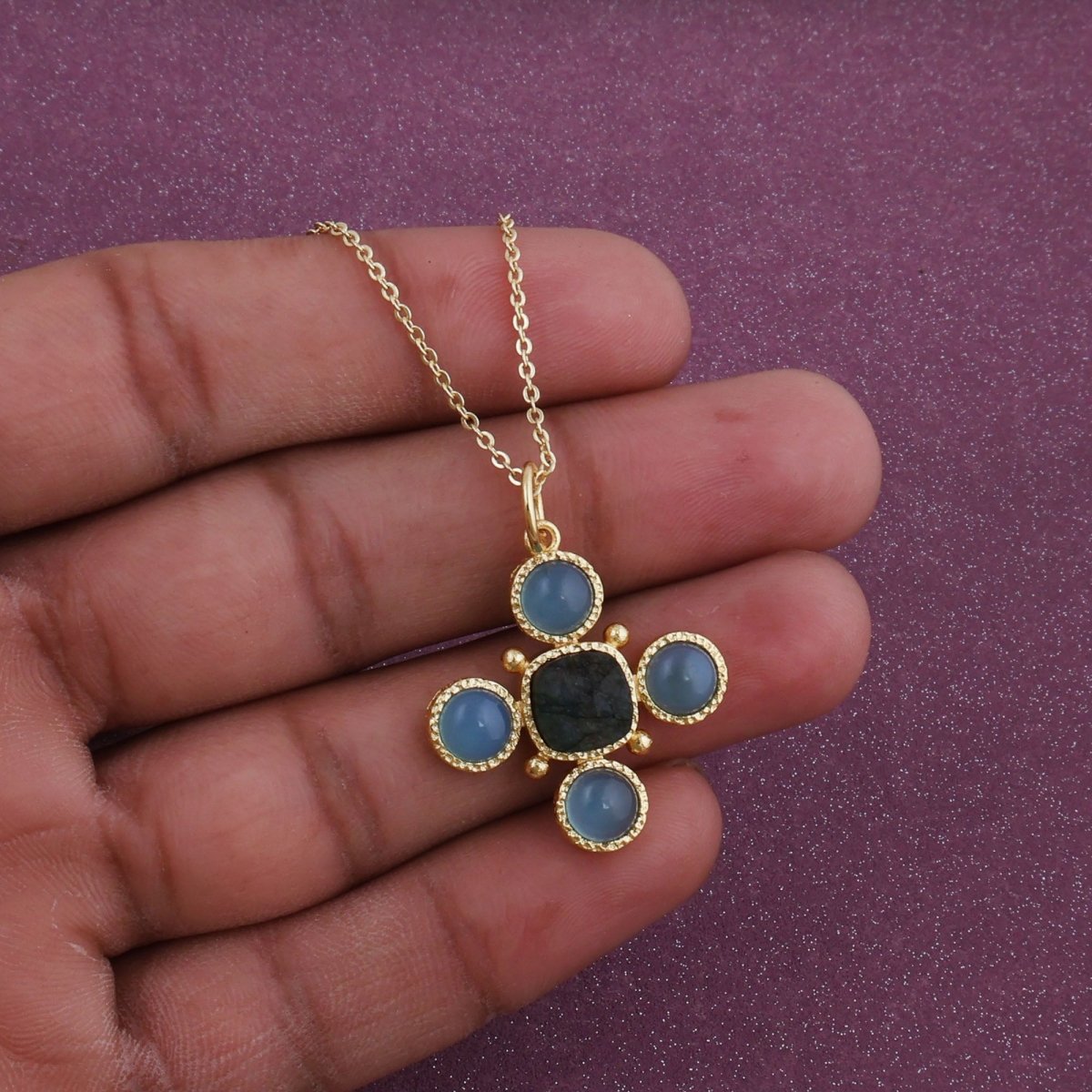 Artisanal Blue Turquoise Cross Pendant Necklace, Gold Plated Birthstone Jewelry 5388