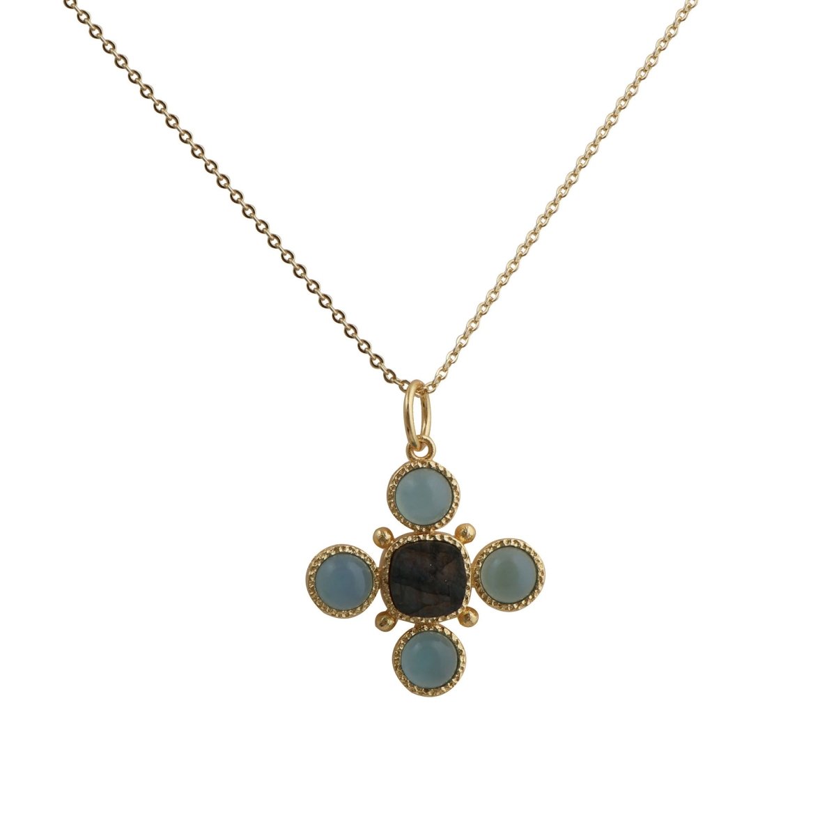 Artisanal Blue Turquoise Cross Pendant Necklace, Gold Plated Birthstone Jewelry 5388
