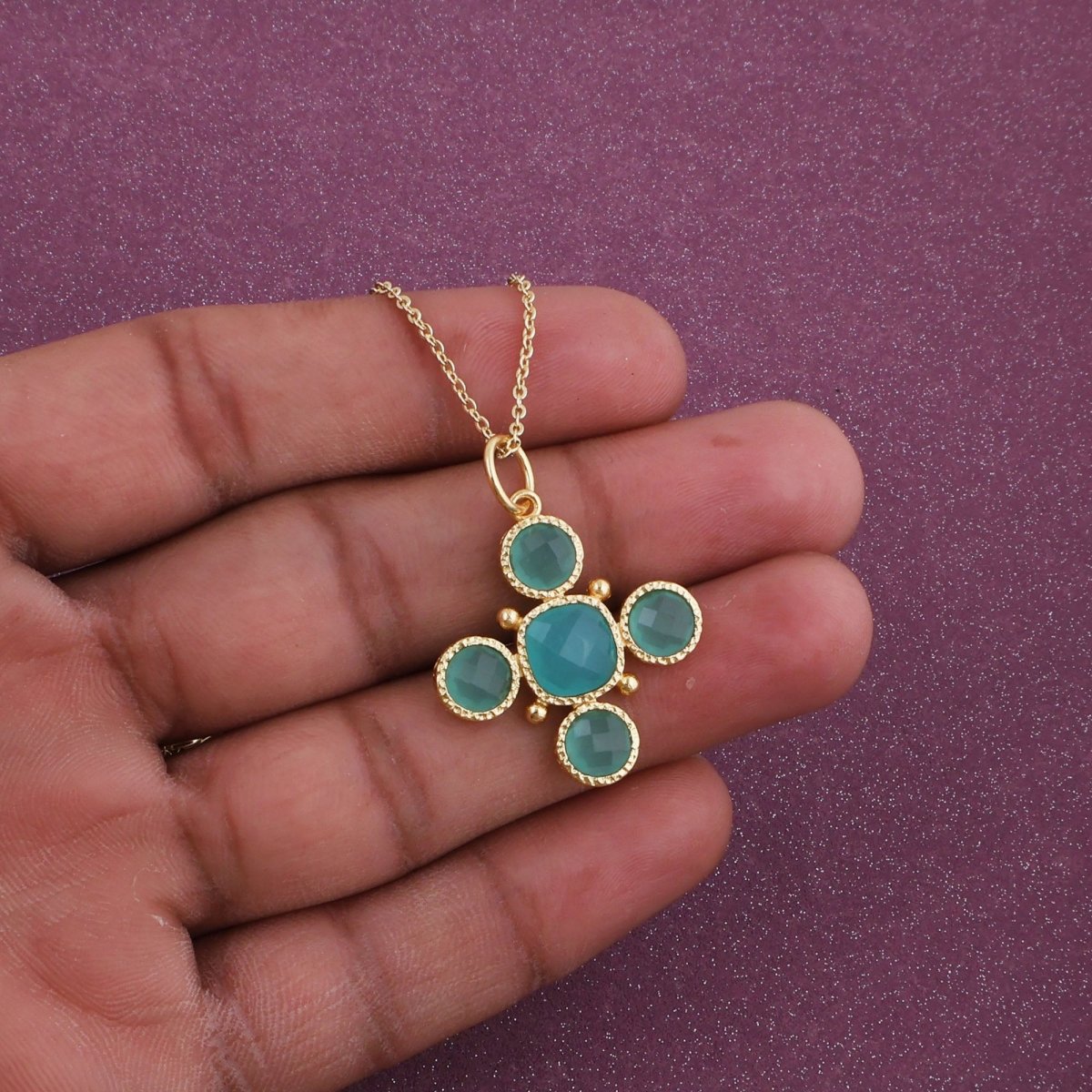 Artisanal Blue Turquoise Cross Pendant Necklace, Gold Plated Birthstone Jewelry 5388