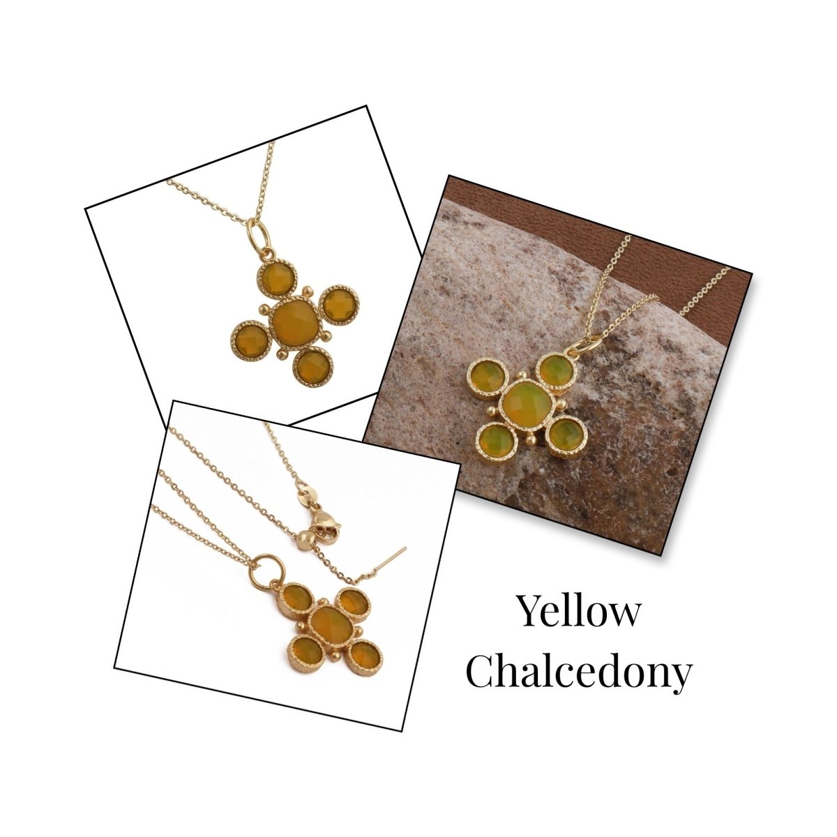 Artisanal Blue Turquoise Cross Pendant Necklace, Gold Plated Birthstone Jewelry 5388 Yellow Chalcedony