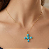Artisanal Blue Turquoise Cross Pendant Necklace, Gold Plated Birthstone Jewelry 5388 Blue Turquoise