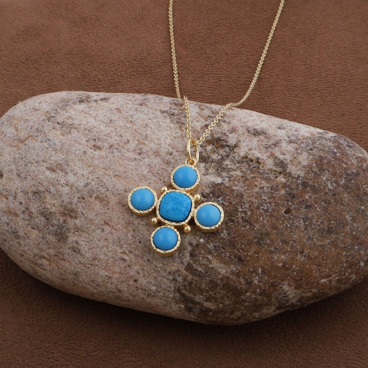 Artisanal Blue Turquoise Cross Pendant Necklace, Gold Plated Birthstone Jewelry 5388