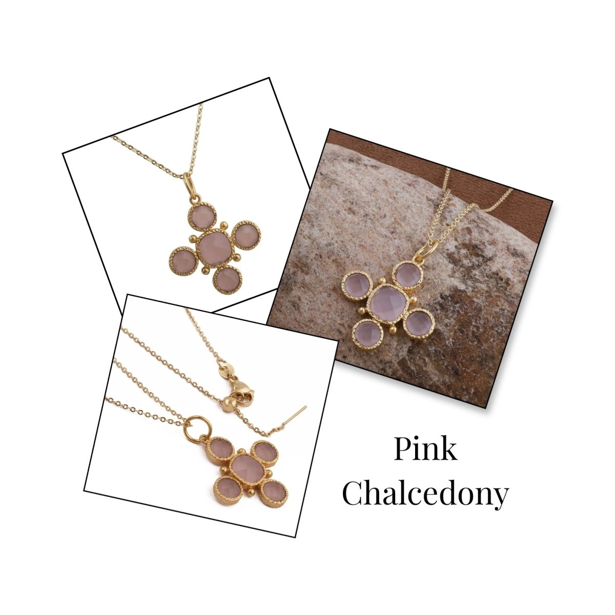 Artisanal Blue Turquoise Cross Pendant Necklace, Gold Plated Birthstone Jewelry 5388 Pink Chalcedony