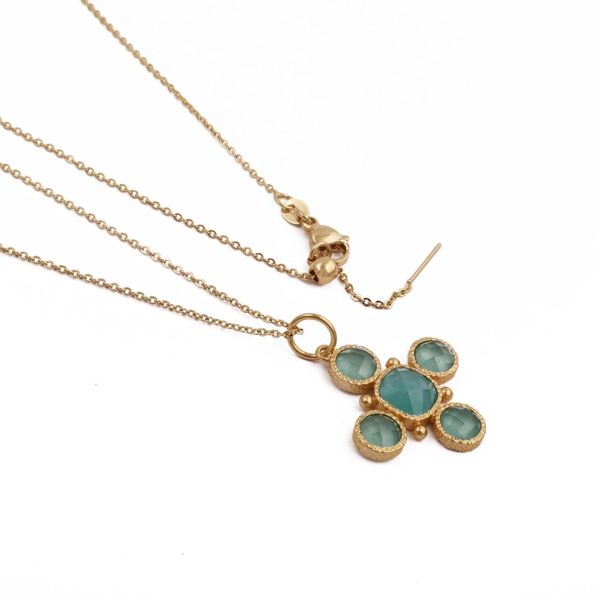 Artisanal Blue Turquoise Cross Pendant Necklace, Gold Plated Birthstone Jewelry 5388