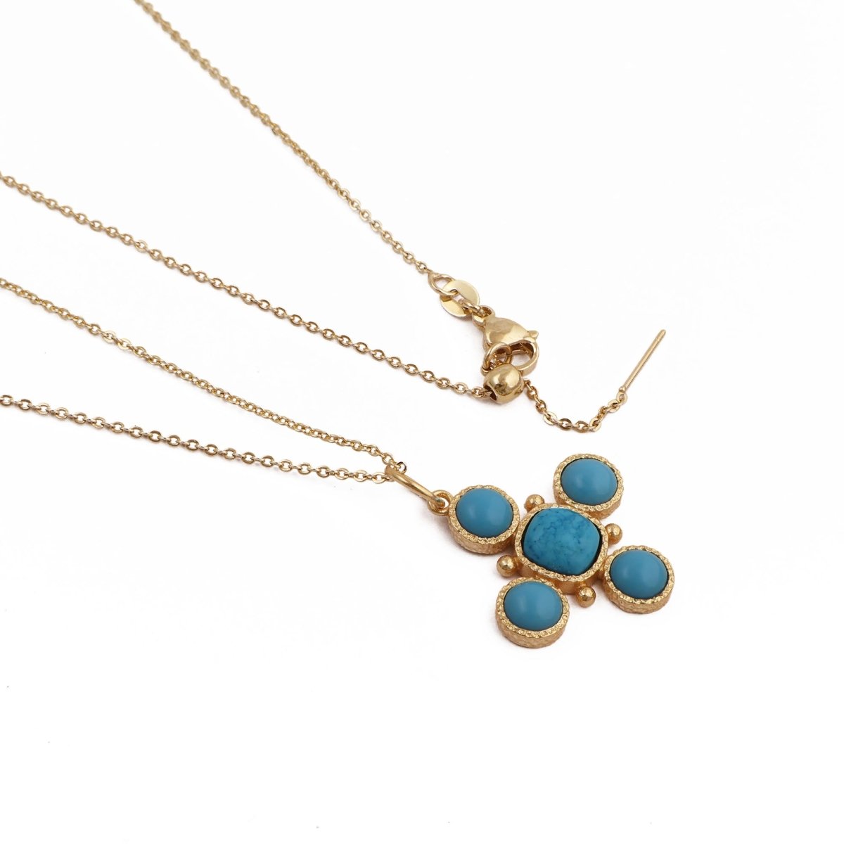 Artisanal Blue Turquoise Cross Pendant Necklace, Gold Plated Birthstone Jewelry 5388