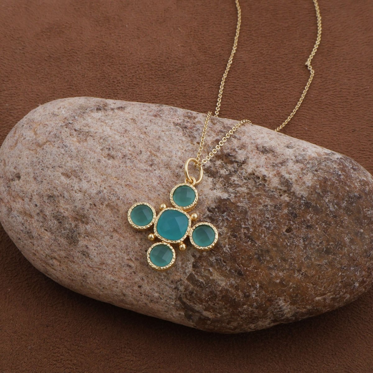 Artisanal Blue Turquoise Cross Pendant Necklace, Gold Plated Birthstone Jewelry 5388