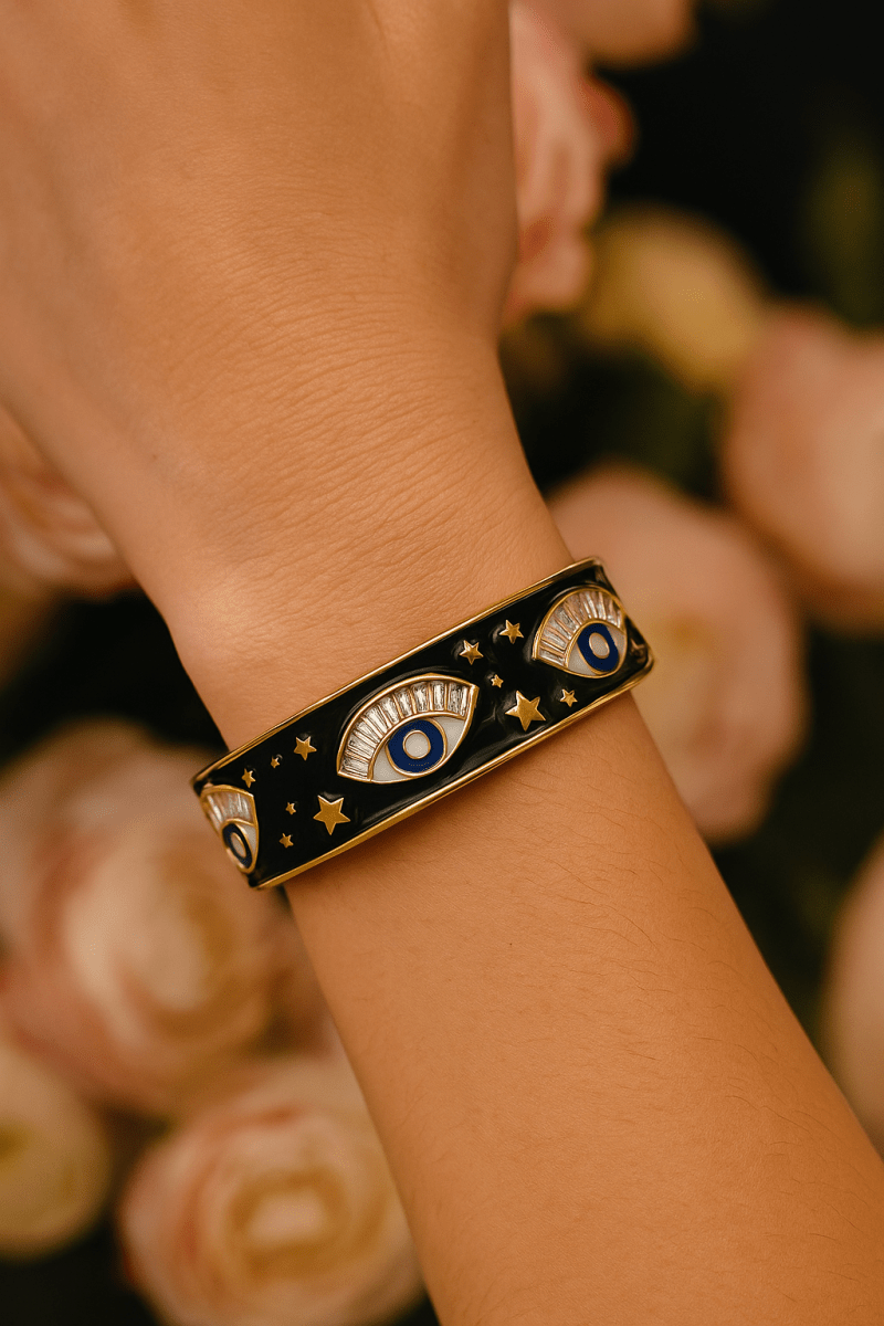 Black Enamel Evil Eye Bangle Handmade Adjustable Bangle Gold Plated Jewelry