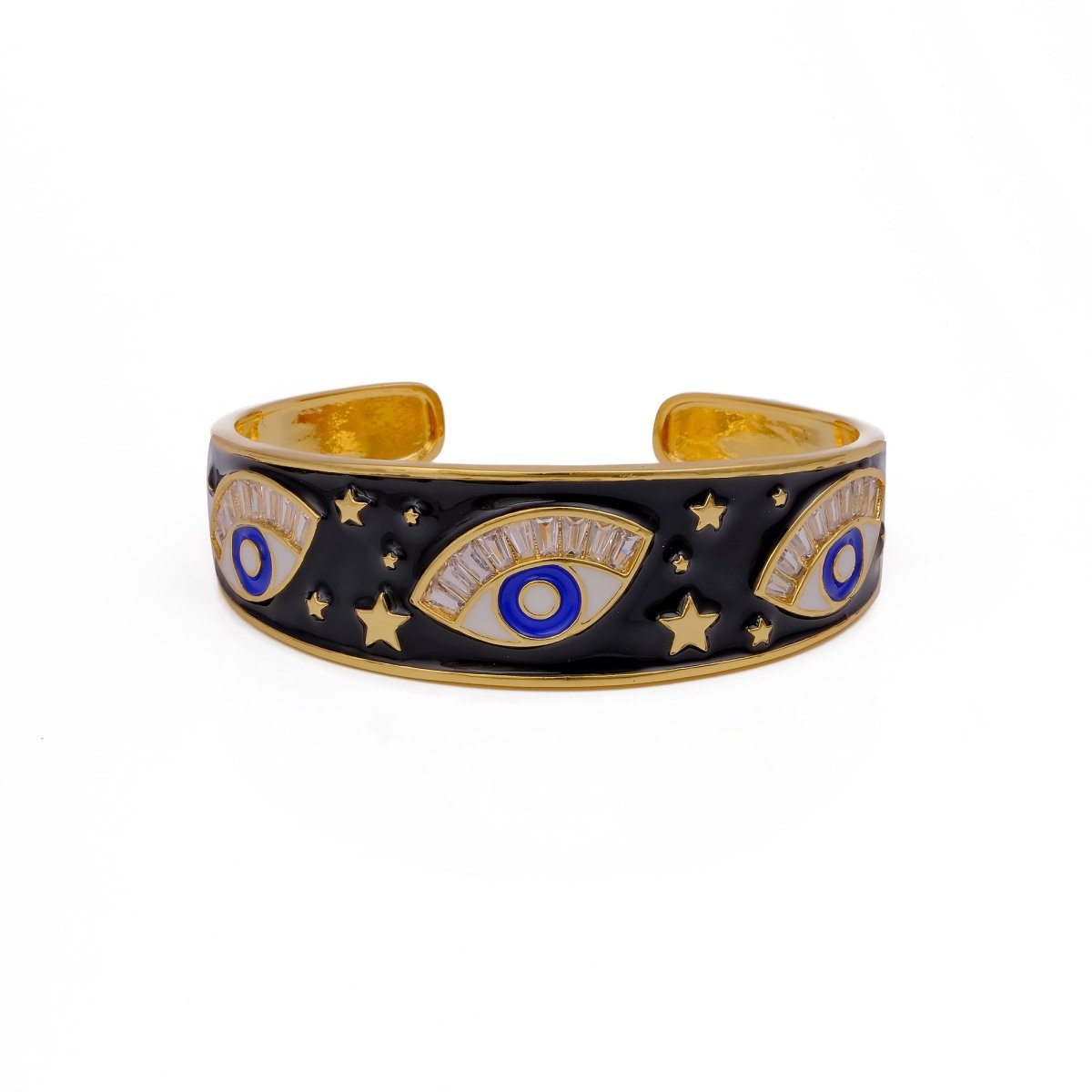 Black Enamel Evil Eye Bangle Handmade Adjustable Bangle Gold Plated Jewelry