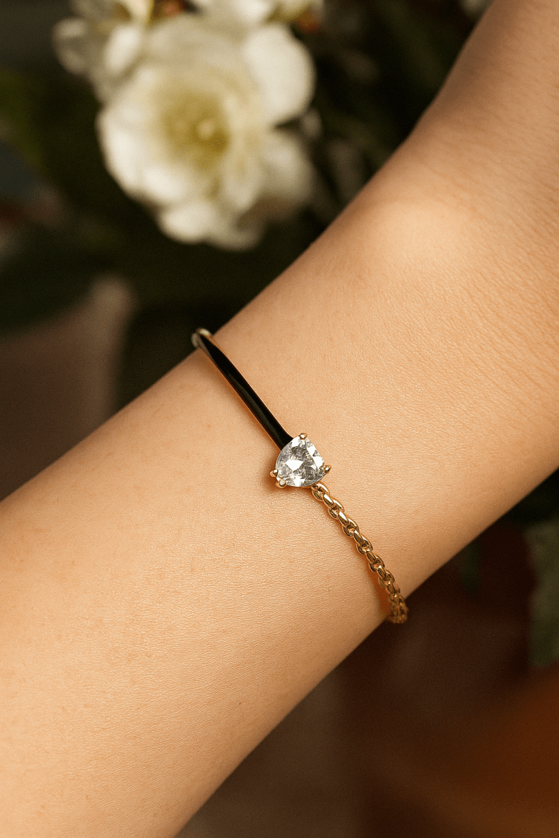 Black Enamel Twisted Bangle CZ Gemstone Bangle Gold Plated Jewelry