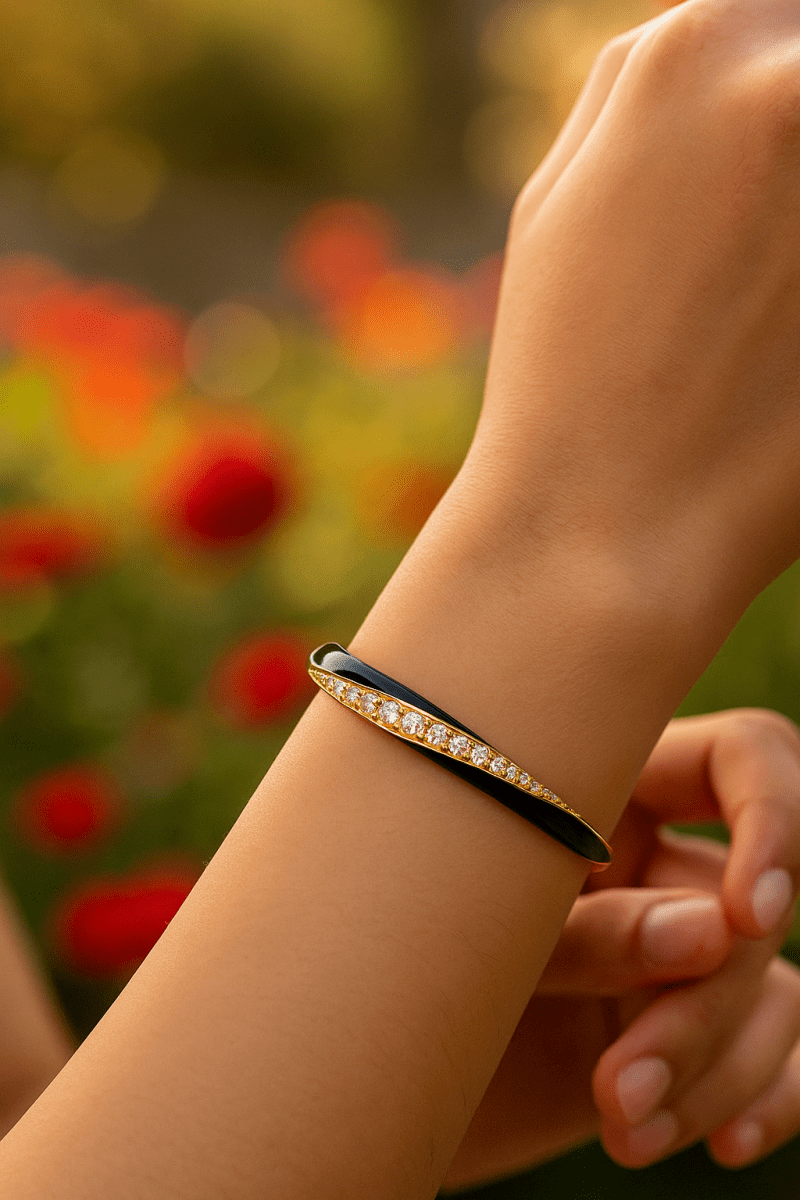 Black Enameled With CZ Gemstone Bangle Adjustable Gold Plated Jewelry