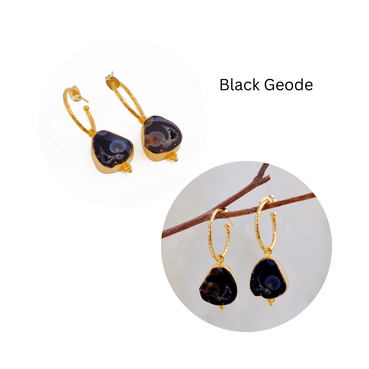 Black Geode Hoop Earring, Hammered Design Gold Plated Jewelry 5065