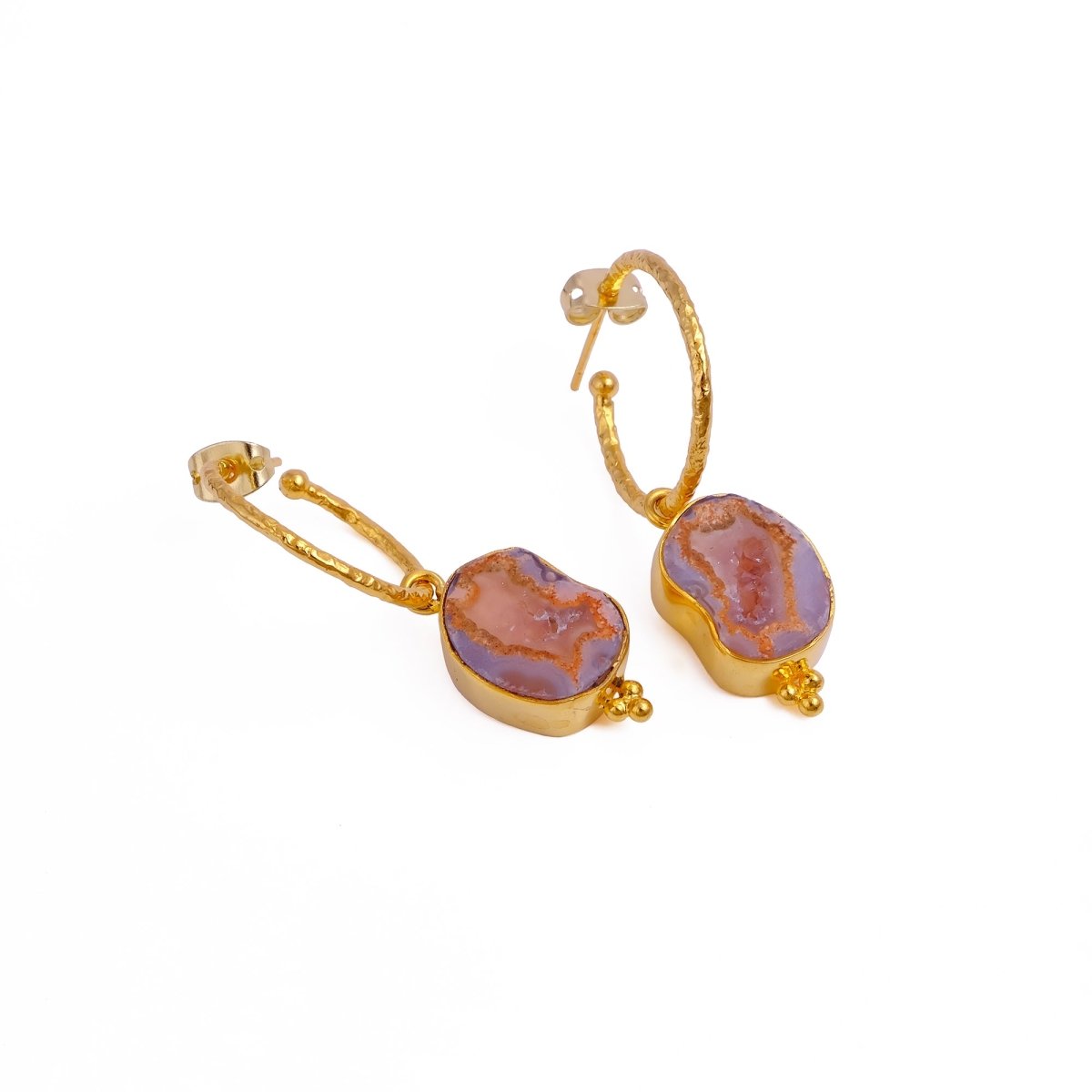 Black Geode Hoop Earring, Hammered Design Gold Plated Jewelry 5065