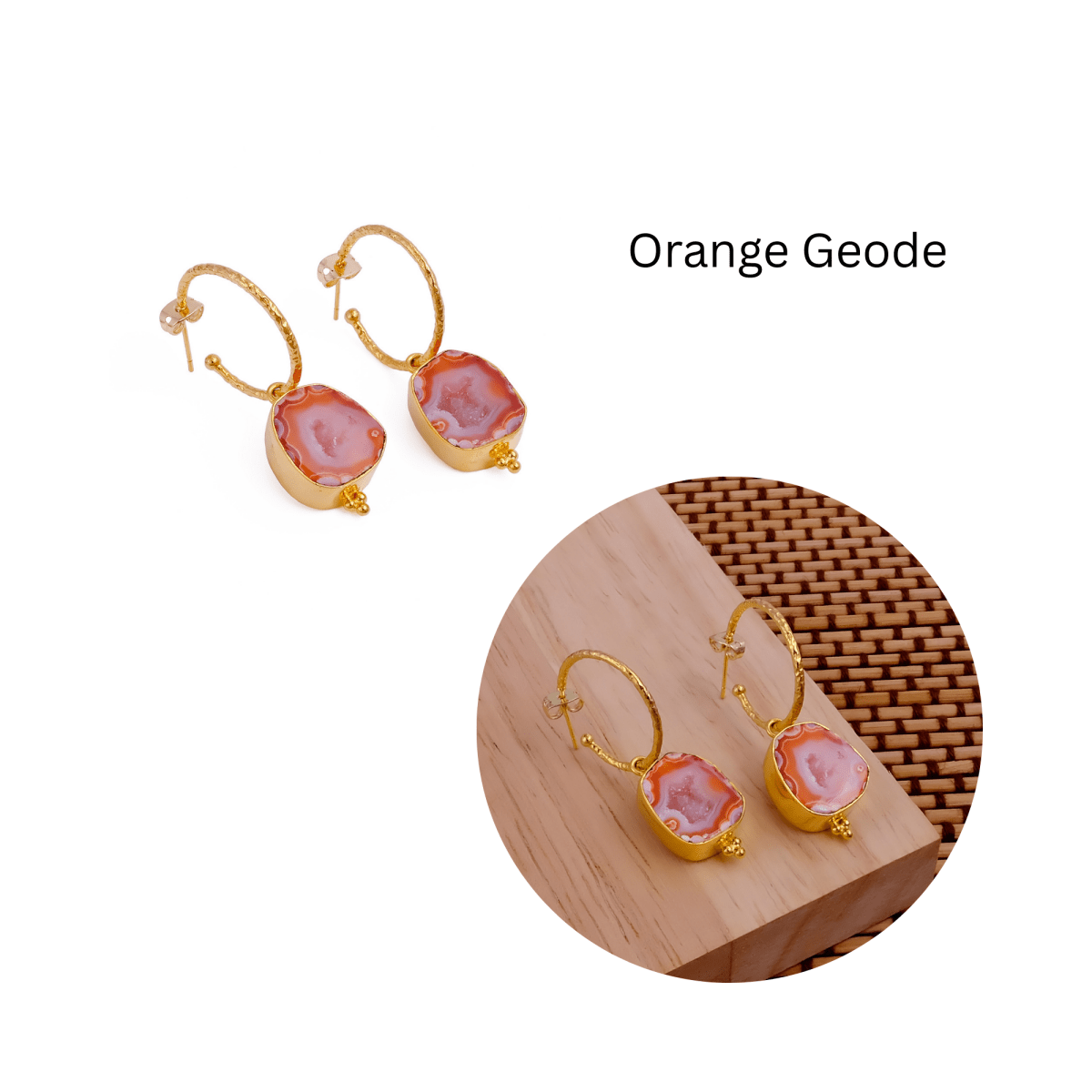 Black Geode Hoop Earring, Hammered Design Gold Plated Jewelry 5065