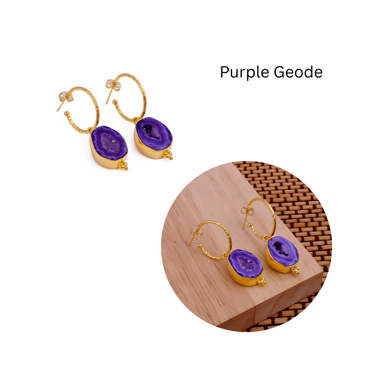 Black Geode Hoop Earring, Hammered Design Gold Plated Jewelry 5065