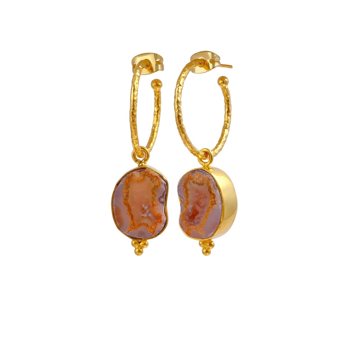 Black Geode Hoop Earring, Hammered Design Gold Plated Jewelry 5065