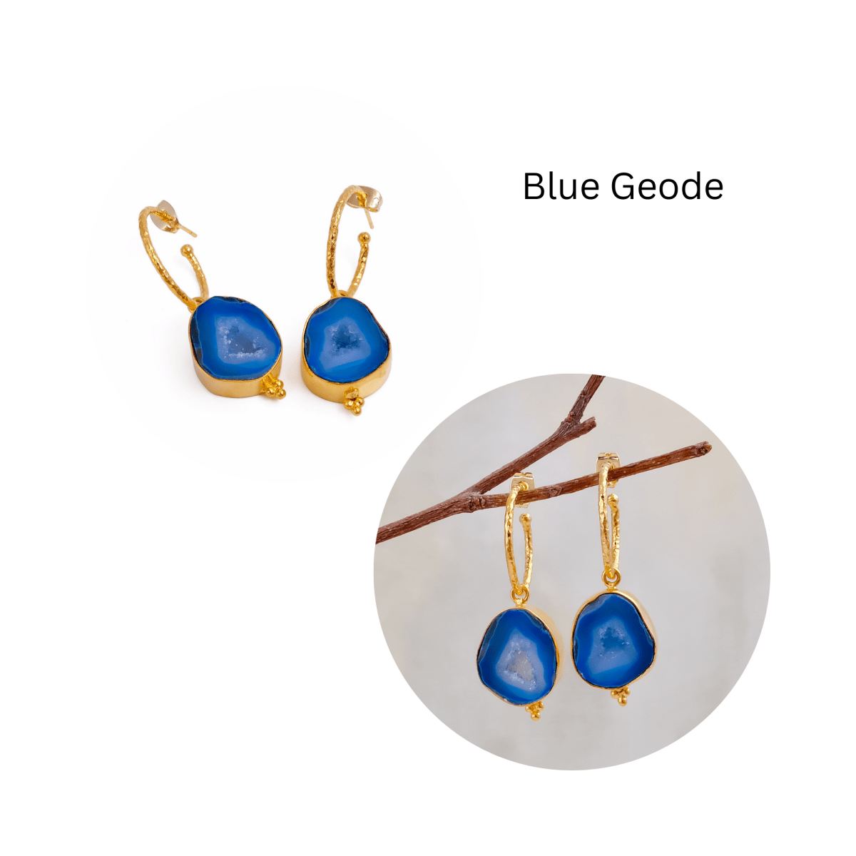 Black Geode Hoop Earring, Hammered Design Gold Plated Jewelry 5065