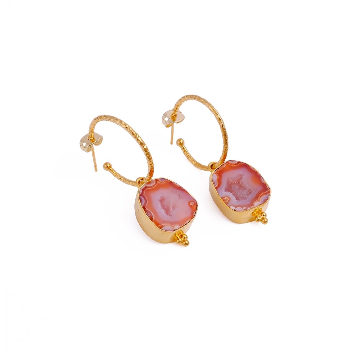 Black Geode Hoop Earring, Hammered Design Gold Plated Jewelry 5065