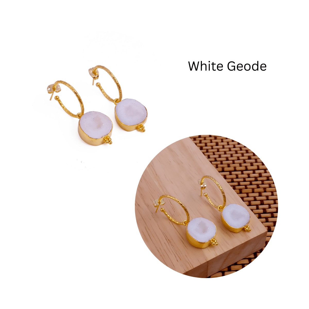 Black Geode Hoop Earring, Hammered Design Gold Plated Jewelry 5065