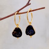 Black Geode Hoop Earring, Hammered Design Gold Plated Jewelry 5065
