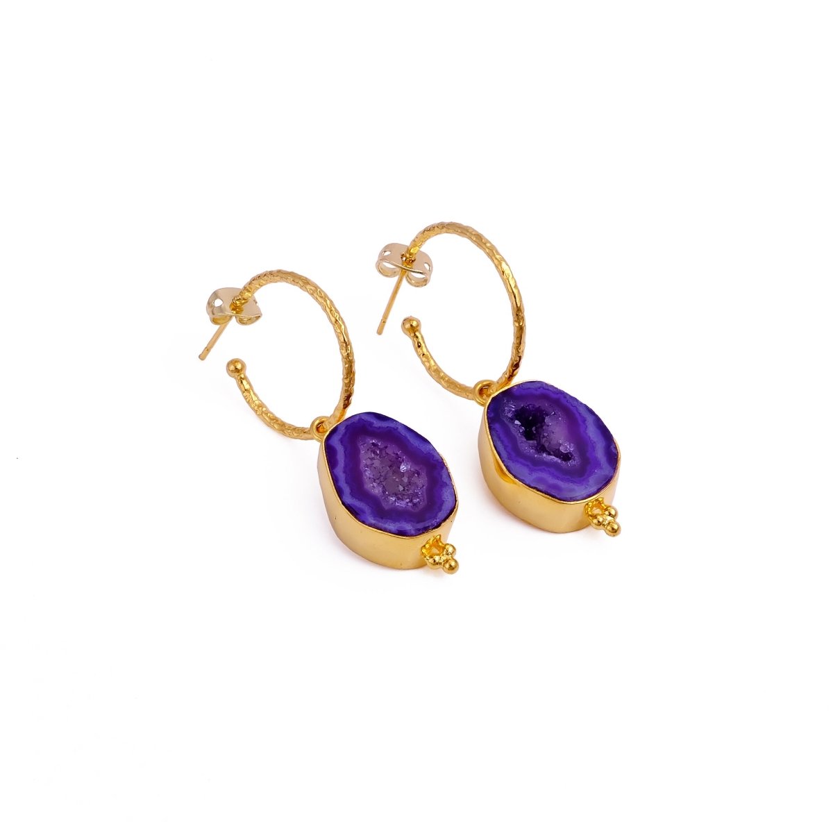 Black Geode Hoop Earring, Hammered Design Gold Plated Jewelry 5065