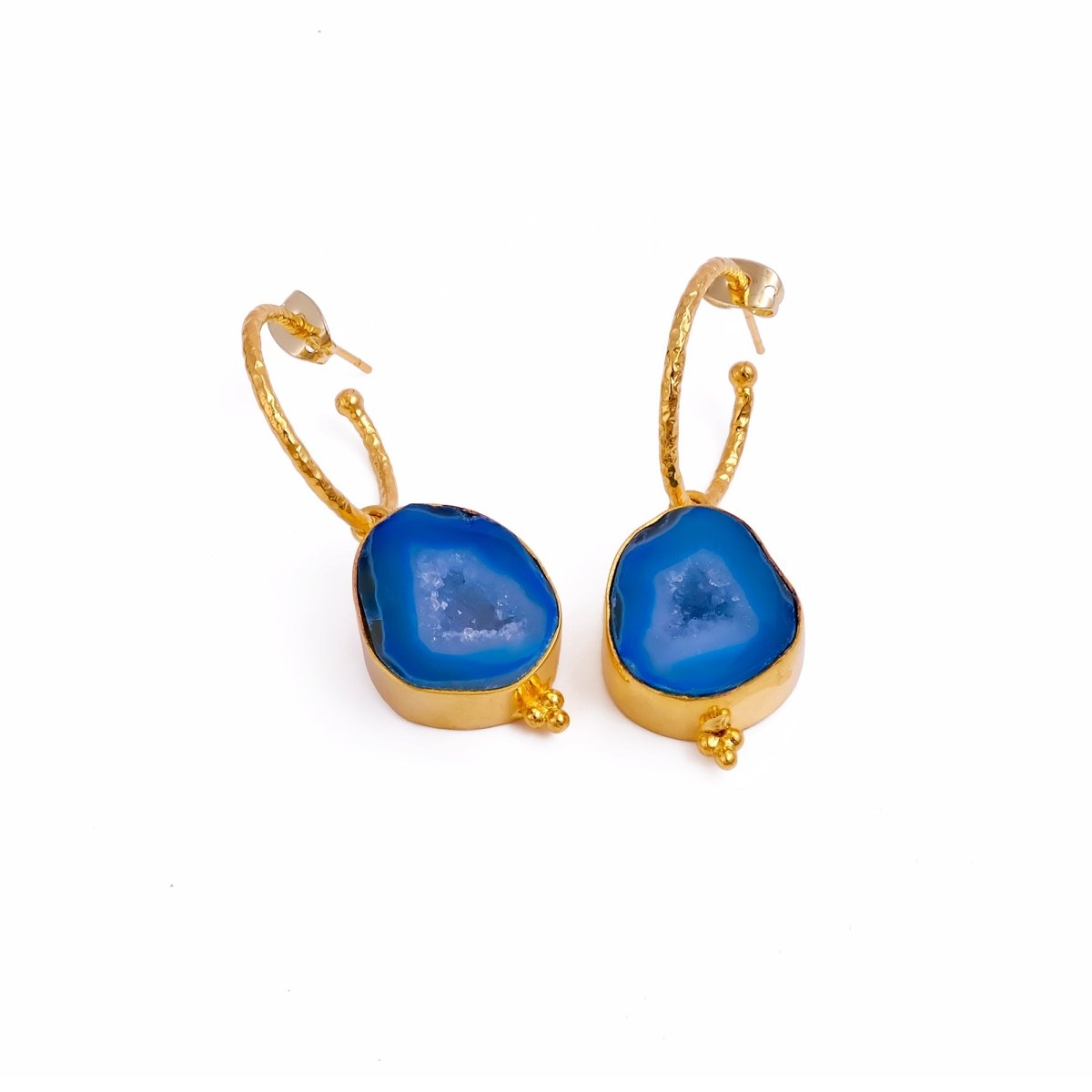 Black Geode Hoop Earring, Hammered Design Gold Plated Jewelry 5065