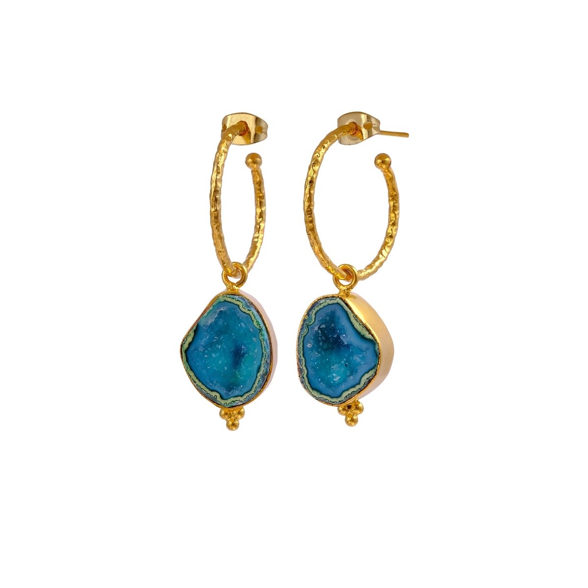 Black Geode Hoop Earring, Hammered Design Gold Plated Jewelry 5065