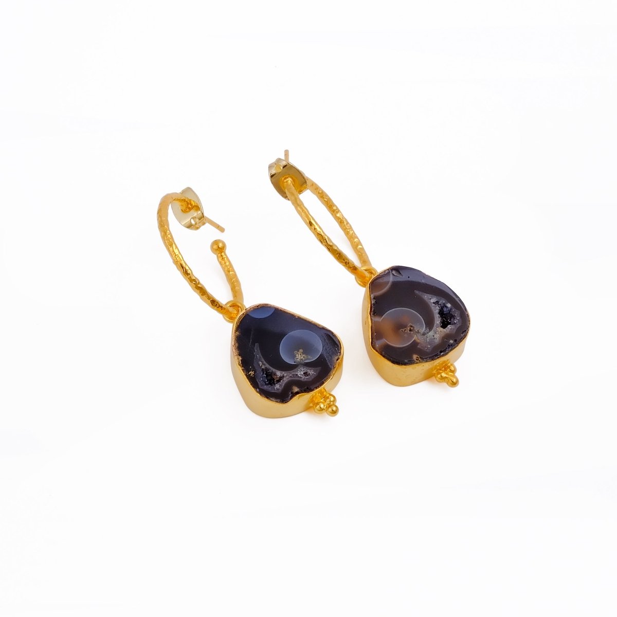 Black Geode Hoop Earring, Hammered Design Gold Plated Jewelry 5065