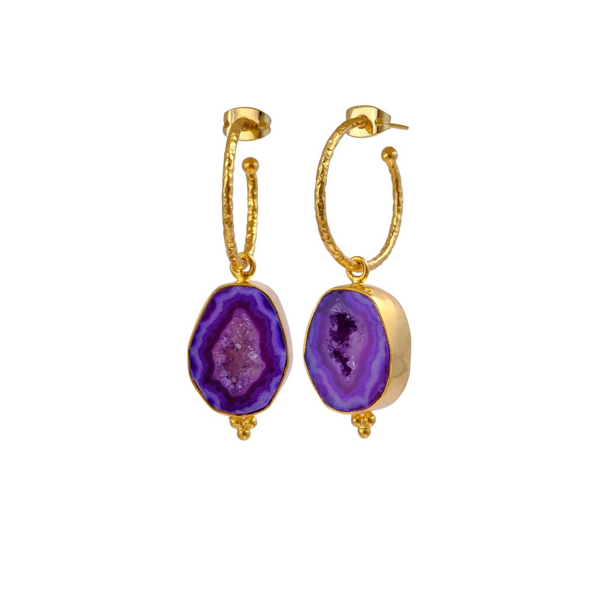 Black Geode Hoop Earring, Hammered Design Gold Plated Jewelry 5065