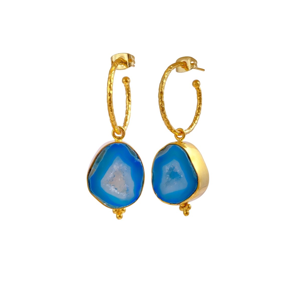 Black Geode Hoop Earring, Hammered Design Gold Plated Jewelry 5065