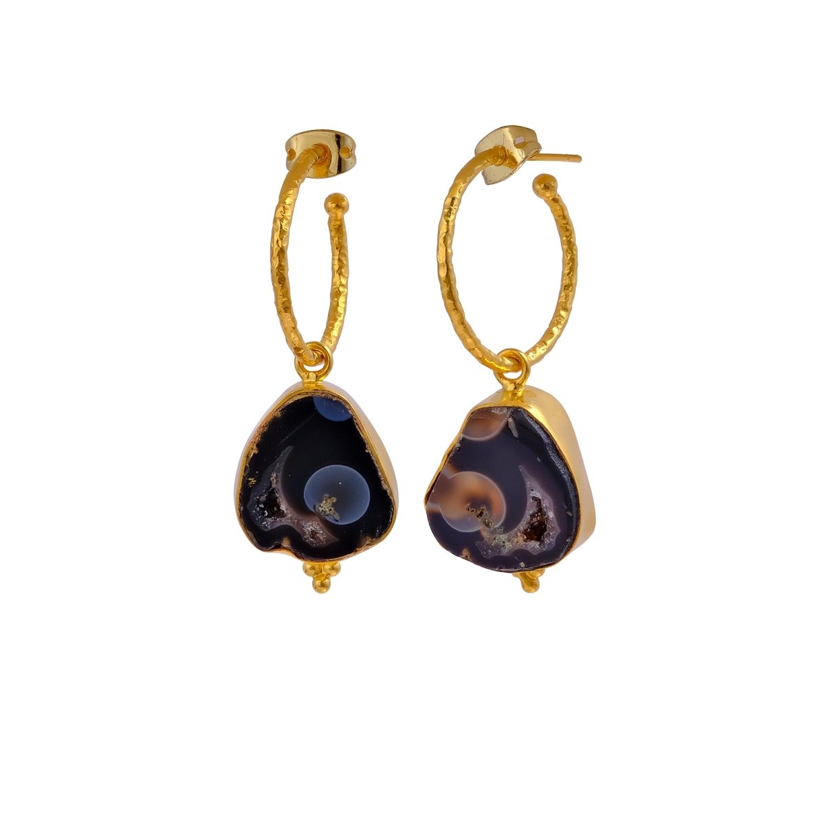 Black Geode Hoop Earring, Hammered Design Gold Plated Jewelry 5065