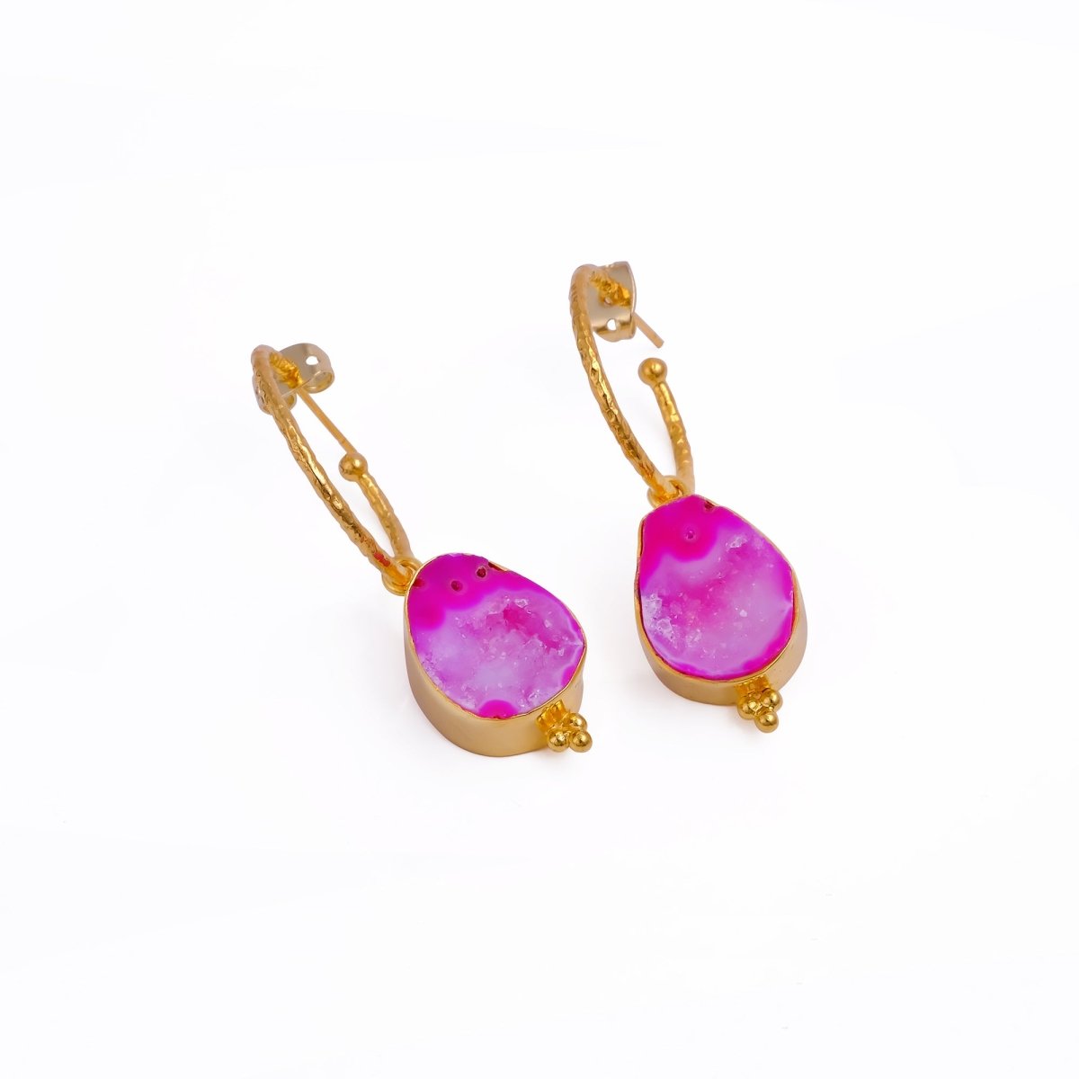 Black Geode Hoop Earring, Hammered Design Gold Plated Jewelry 5065